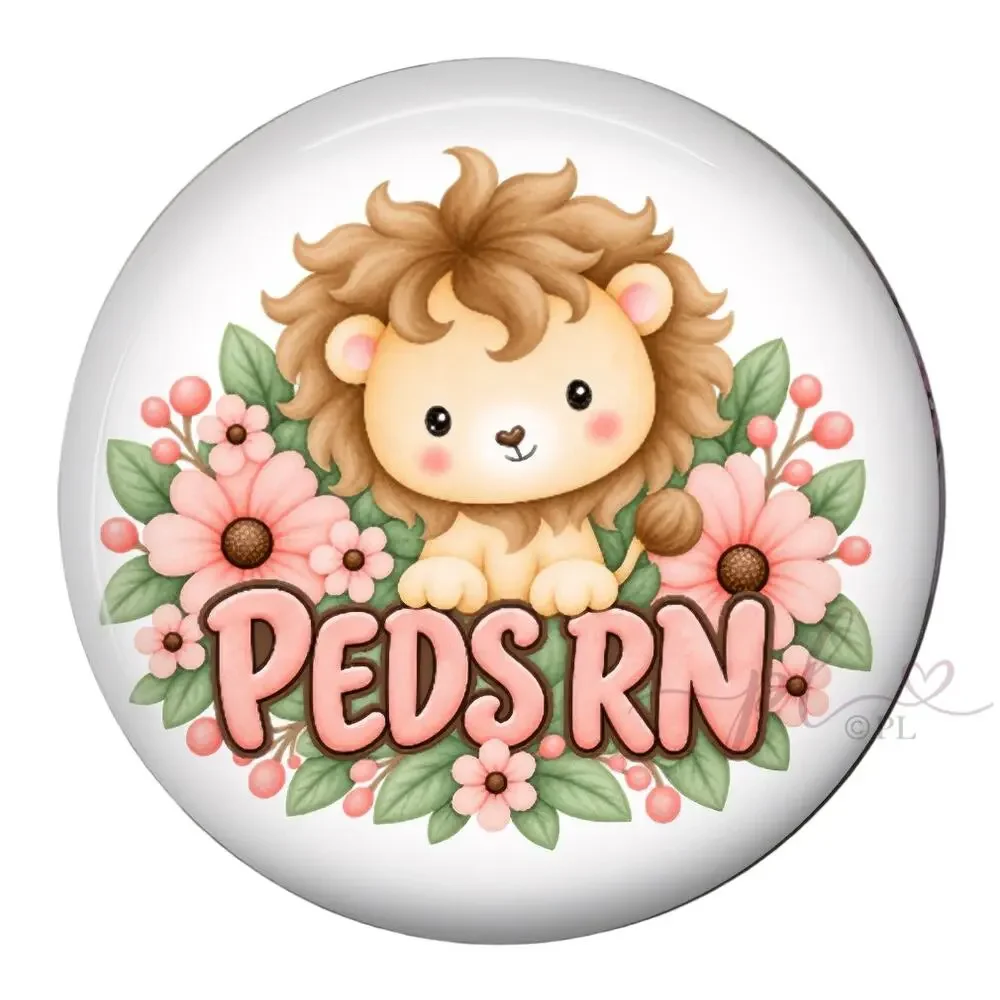PEDS RN Badge Reel Pediatric Registered Nurse Cute Lion Floral ID Holder Gift
